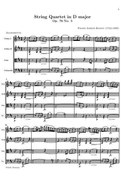 Première page de la partition Quatuor Op. 76 n°5 en Ré majeur