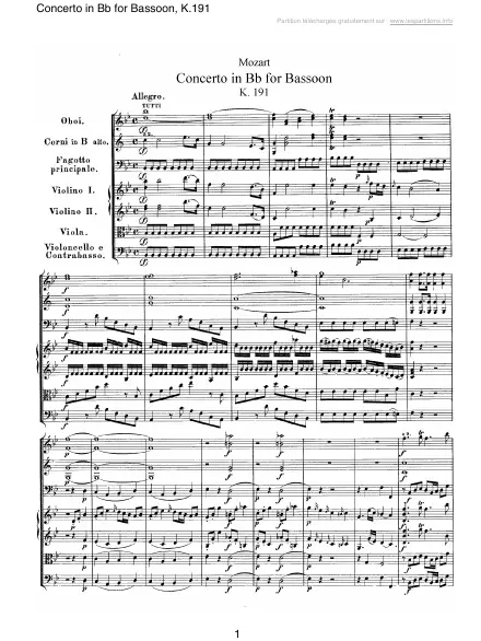 First page of Concerto en Sib pour basson K 191