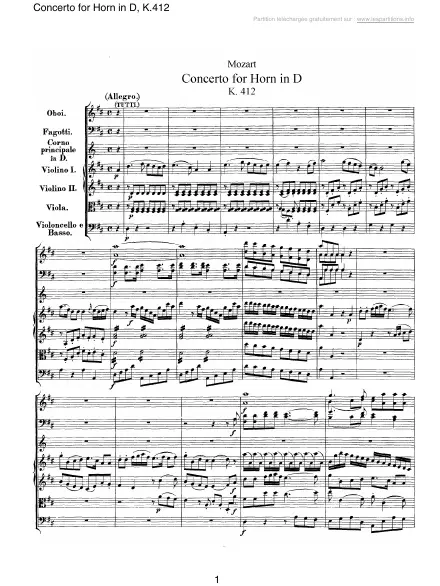 First page of Concerto en Ré pour cor K 412