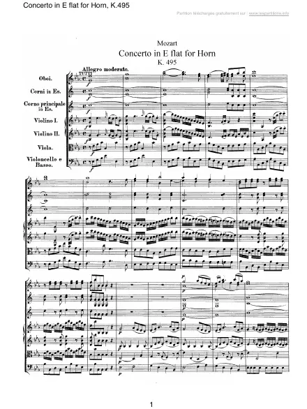 First page of Concerto en Mi pour cor K 495