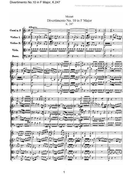 First page of Divertimento n°10 en Fa majeur K 247