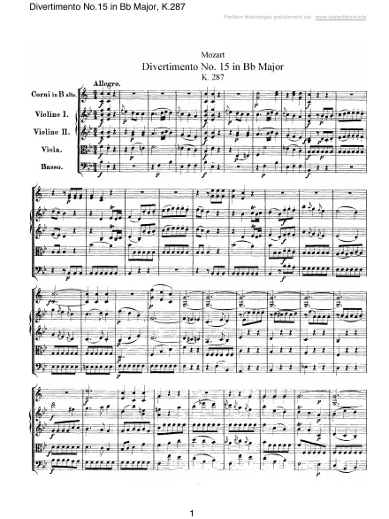 Première page de la partition Divertimento n°15 en Sib majeur K 287